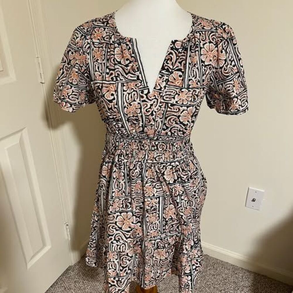Anthropologie Patterned Smocked Waist Dress Small